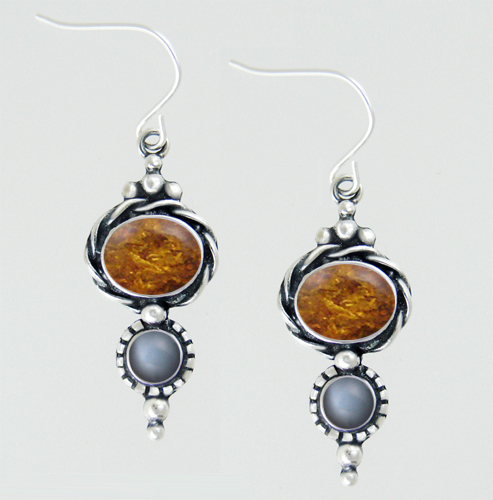 Sterling Silver Drop Dangle Earrings With Amber And Grey Moonstone